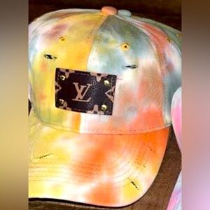 Hat, tye dye with brown patch